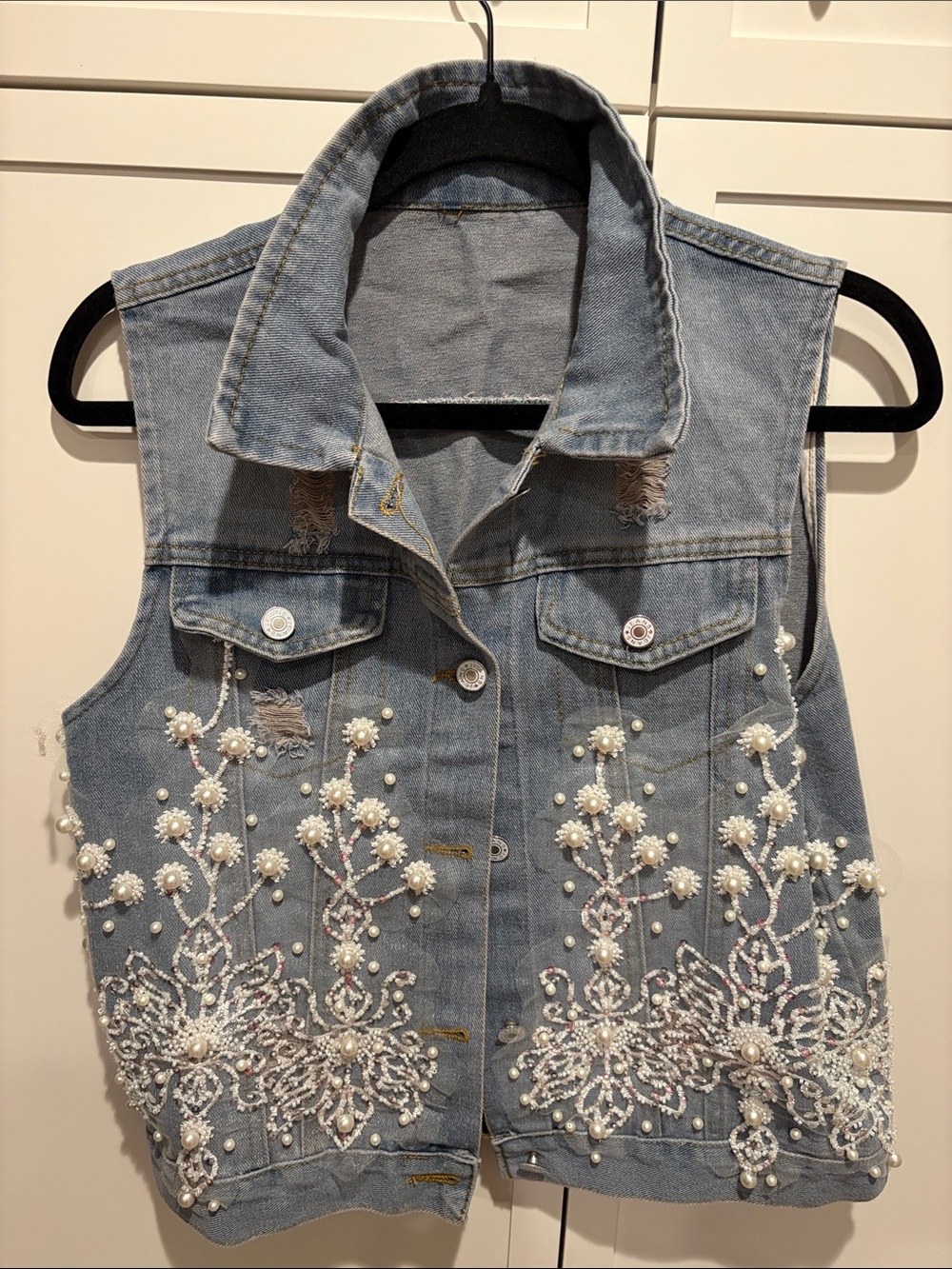 Hand Embellished Light Blue Denim Vest with Pearl Floral Appliqué